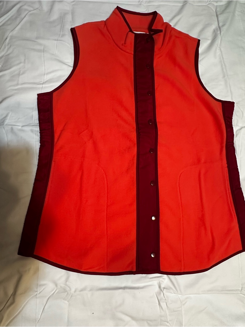 Sleeveless Red Fleece Vest with Burgundy Trim